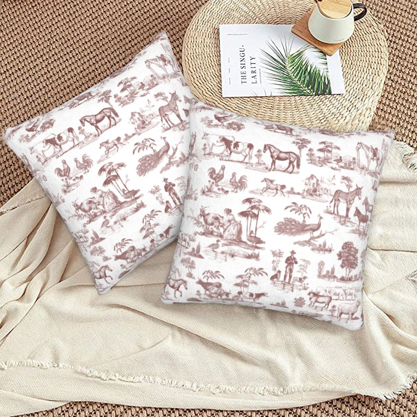Farmhouse Toile Throw Pillow Covers 18x18 inch Set of 2 Vintage Nature Countryside Velvet Decorative Cushion Covers for Sofa Couch