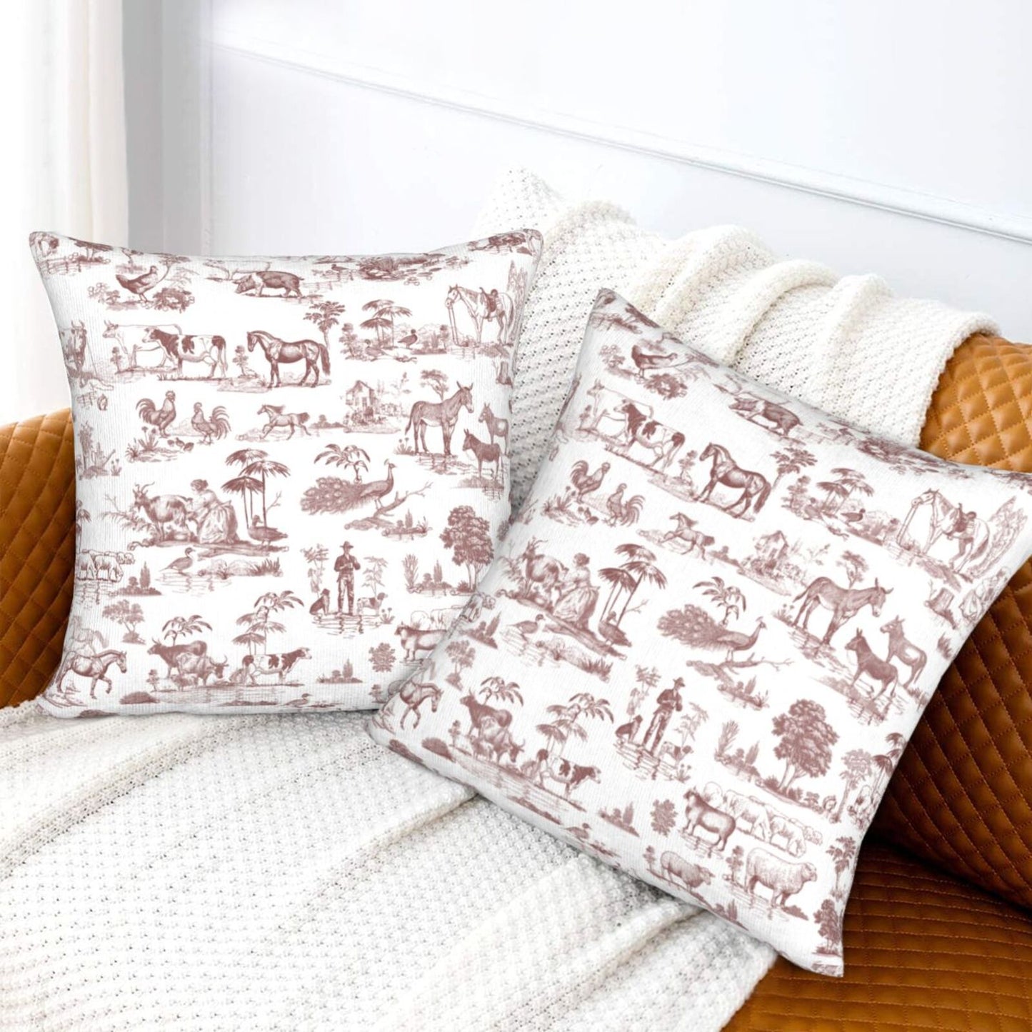 Farmhouse Toile Throw Pillow Covers 18x18 inch Set of 2 Vintage Nature Countryside Velvet Decorative Cushion Covers for Sofa Couch
