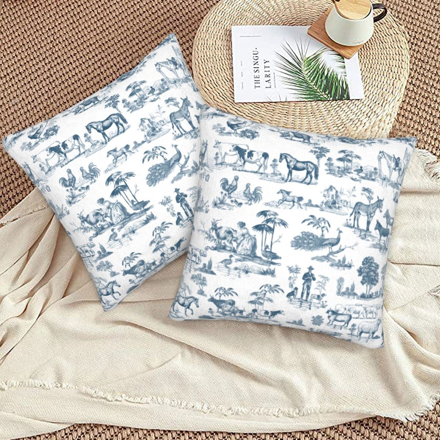 Farmhouse Toile Throw Pillow Covers 18x18 inch Set of 2 Vintage Nature Countryside Velvet Decorative Cushion Covers for Sofa Couch