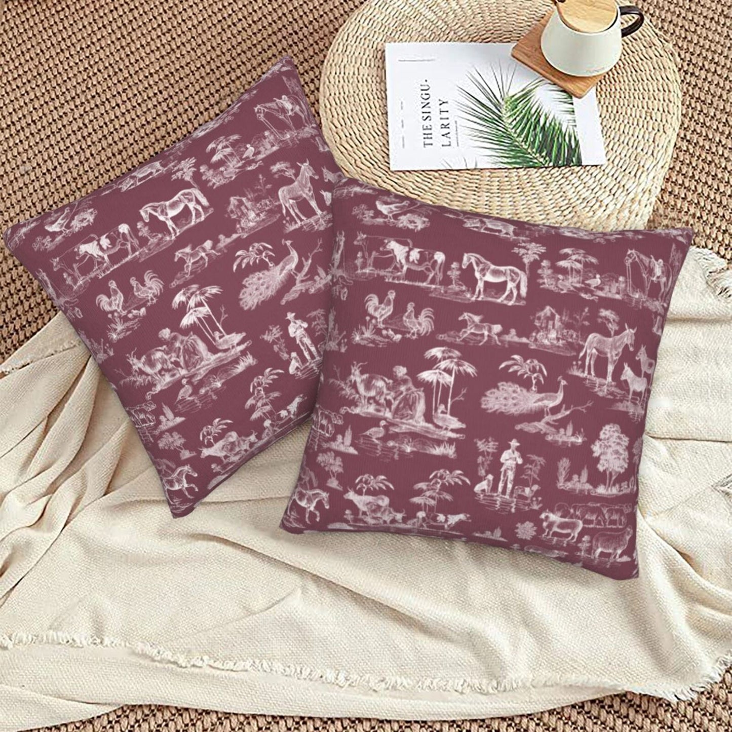 Farmhouse Toile Throw Pillow Covers 18x18 inch Set of 2 Vintage Nature Countryside Velvet Decorative Cushion Covers for Sofa Couch