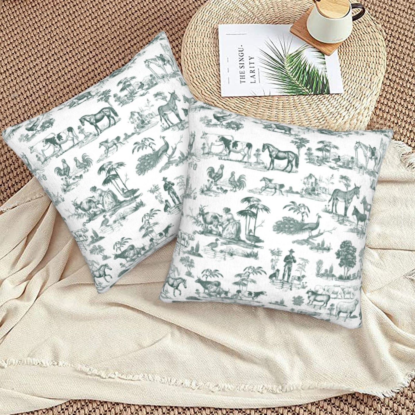 Farmhouse Toile Throw Pillow Covers 18x18 inch Set of 2 Vintage Nature Countryside Velvet Decorative Cushion Covers for Sofa Couch