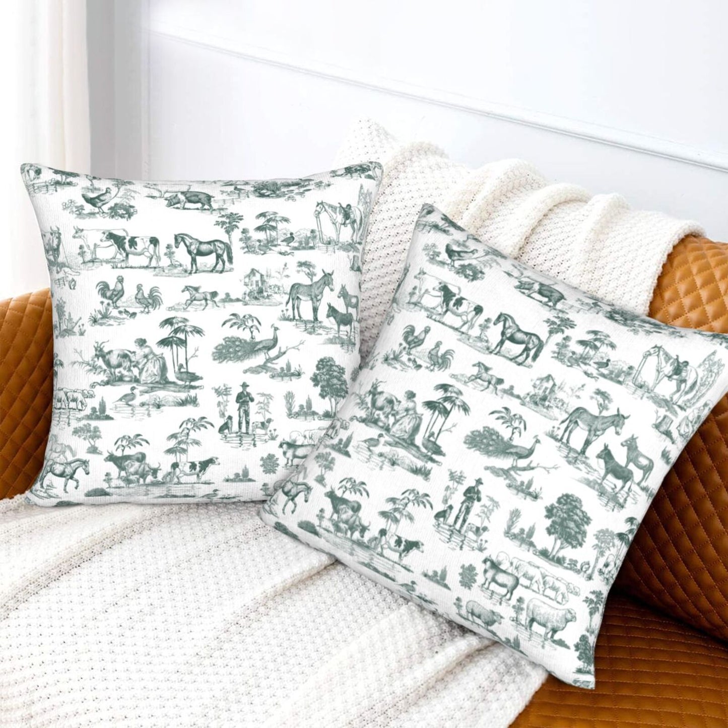 Farmhouse Toile Throw Pillow Covers 18x18 inch Set of 2 Vintage Nature Countryside Velvet Decorative Cushion Covers for Sofa Couch