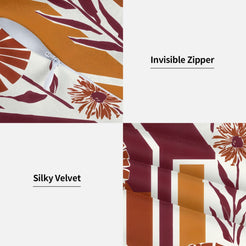 Hidden zipper and soft velvet detail on a burgundy geometric floral pillow cover