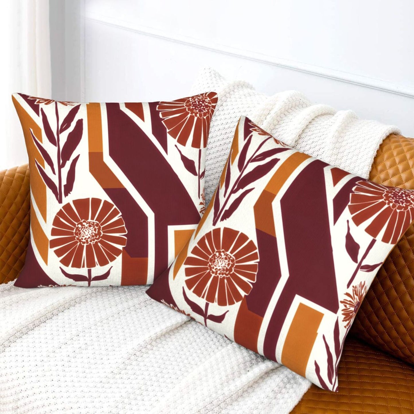 Fall Floral Throw Pillow Covers 18x18 inch Set of 2 Modern Geometric Velvet Decorative Cushion Covers for Sofa Couch Living Room