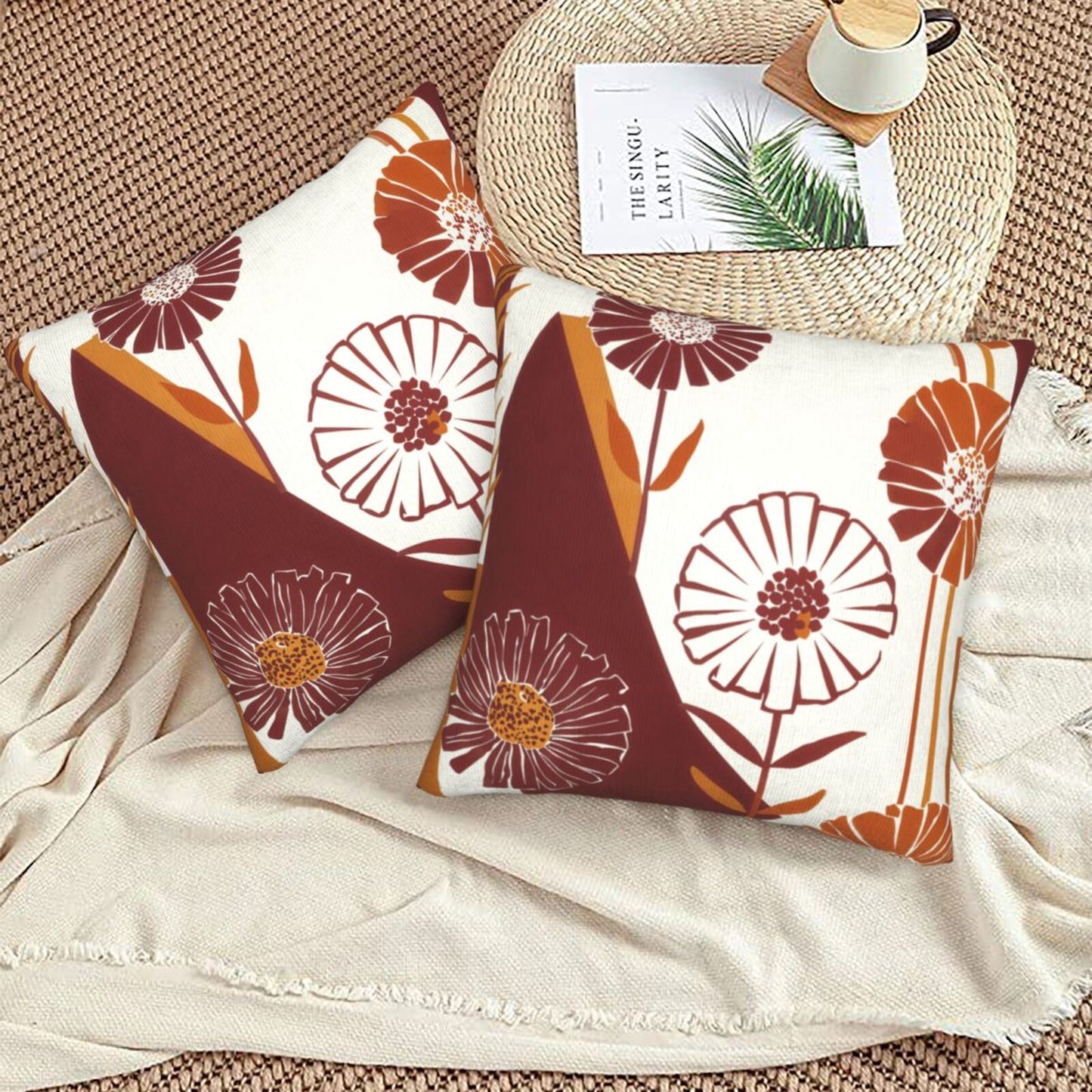 Fall Floral Throw Pillow Covers 18x18 inch Set of 2 Modern Geometric Velvet Decorative Cushion Covers for Sofa Couch Living Room