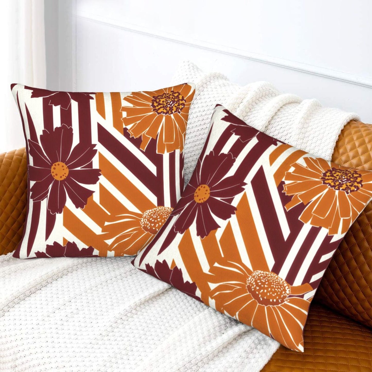 Fall Floral Throw Pillow Covers 18x18 inch Set of 2 Modern Geometric Velvet Decorative Cushion Covers for Sofa Couch Living Room