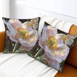 Velvet pillow covers with large pale poppies, styled on a white sofa
