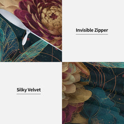 Hidden zipper and soft velvet detail on a burgundy chrysanthemum pillow cover
