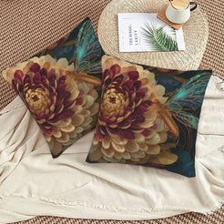 Velvet pillow covers with burgundy and gold chrysanthemum flowers, styled on a beige sofa