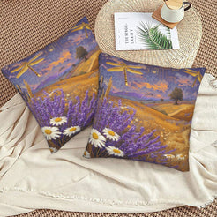 Velvet pillow covers with a lavender mountain landscape, styled on a beige sofa