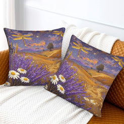 Velvet pillow covers with a lavender mountain landscape, styled on a white sofa