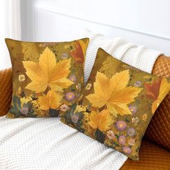 Velvet pillow covers with autumn maple leaves and flowers, styled on a white sofa