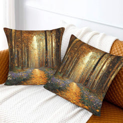 Velvet pillow covers with a sunlit autumn woodland, styled on a white sofa