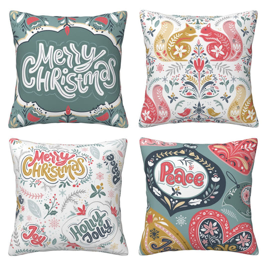 Scandinavian Christmas Throw Pillow Covers 18x18 inch Set of 4 Winter Holiday Folk Art Decorative Cushion Covers for Sofa Couch Home