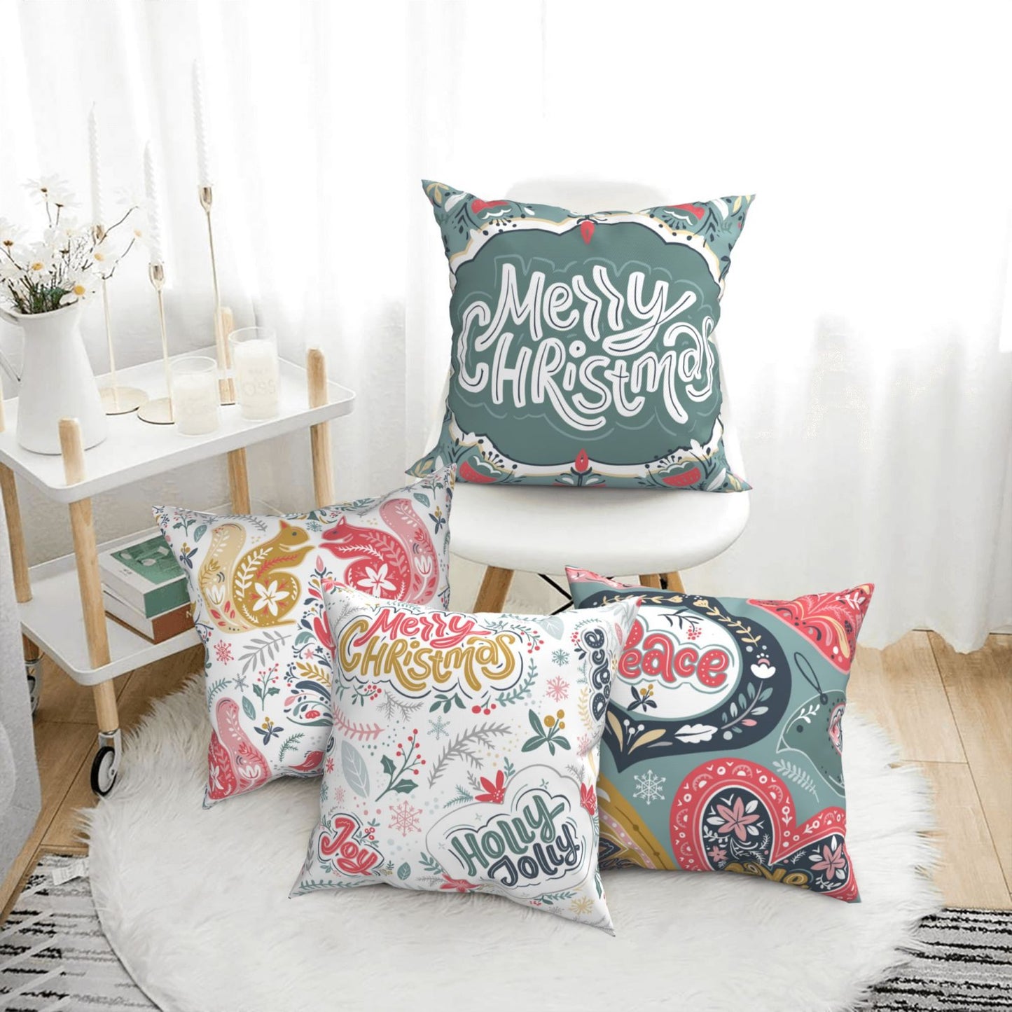 Scandinavian Christmas Throw Pillow Covers 18x18 inch Set of 4 Winter Holiday Folk Art Decorative Cushion Covers for Sofa Couch Home