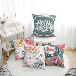 Short-pile plush pillow covers with pastel Nordic Christmas folk motifs, styled in a bright room