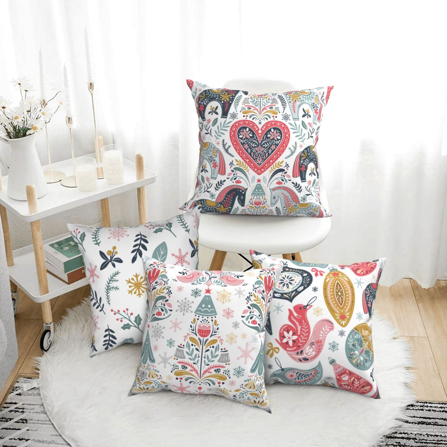 Scandinavian Christmas Throw Pillow Covers 18x18 inch Set of 4 Winter Holiday Folk Art Decorative Cushion Covers for Sofa Couch Home