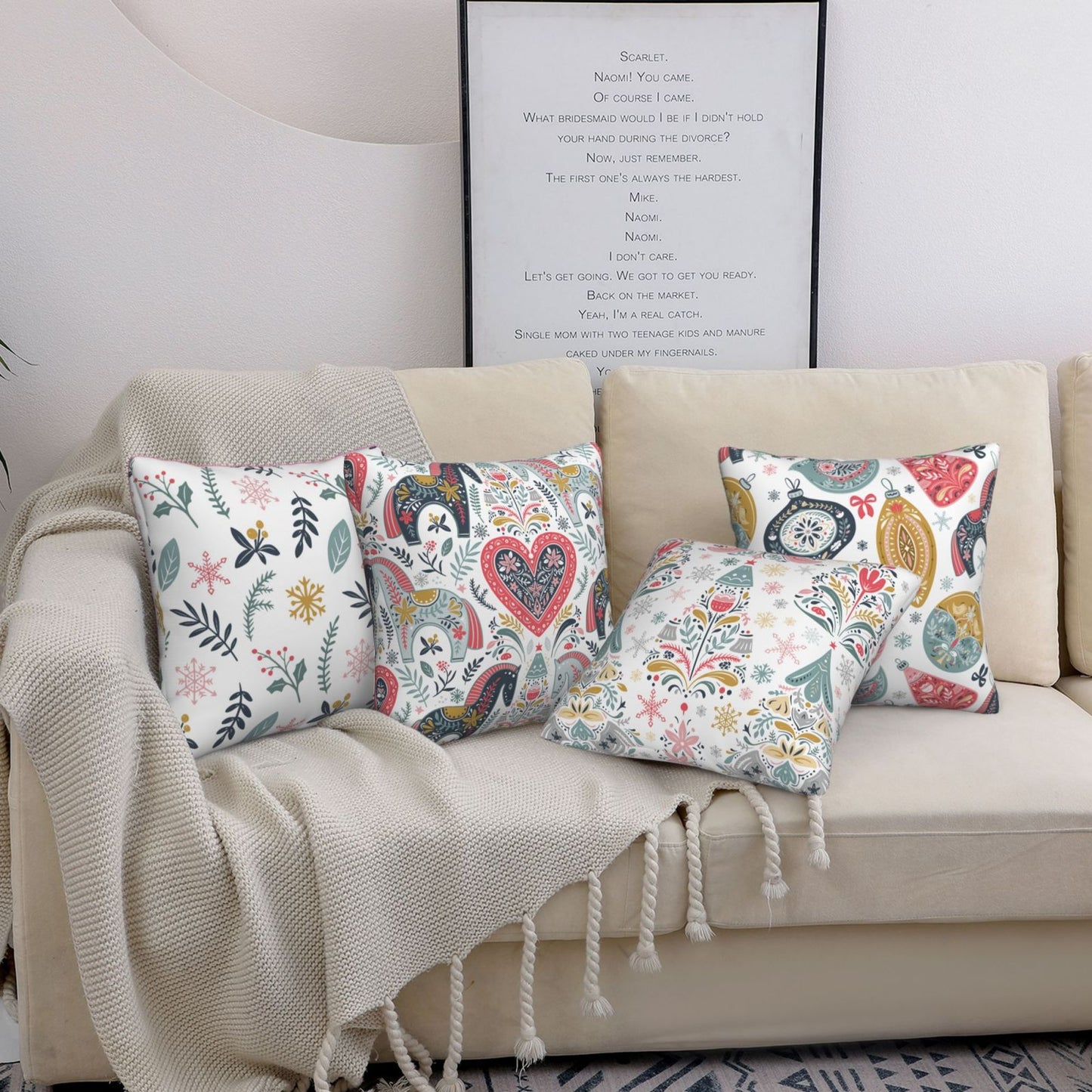 Scandinavian Christmas Throw Pillow Covers 18x18 inch Set of 4 Winter Holiday Folk Art Decorative Cushion Covers for Sofa Couch Home