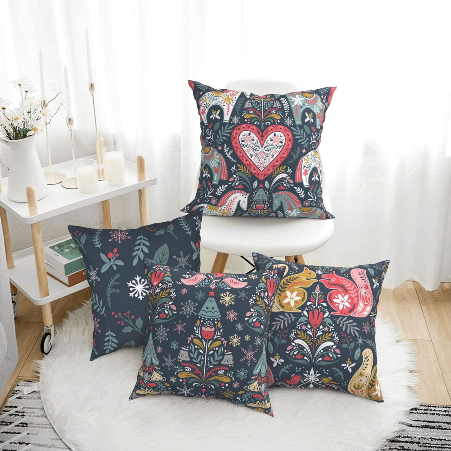 Scandinavian Christmas Throw Pillow Covers 18x18 inch Set of 4 Winter Holiday Folk Art Decorative Cushion Covers for Sofa Couch Home