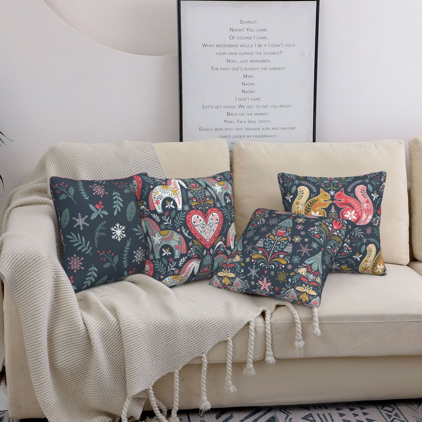 Scandinavian Christmas Throw Pillow Covers 18x18 inch Set of 4 Winter Holiday Folk Art Decorative Cushion Covers for Sofa Couch Home