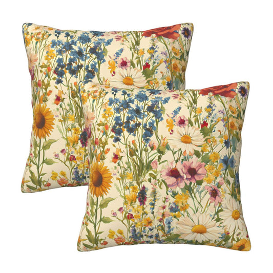 Meadow Garden Wildflower Velvet Throw Pillow Covers - Farmhouse Floral Decorative Cushions (Set of 2)