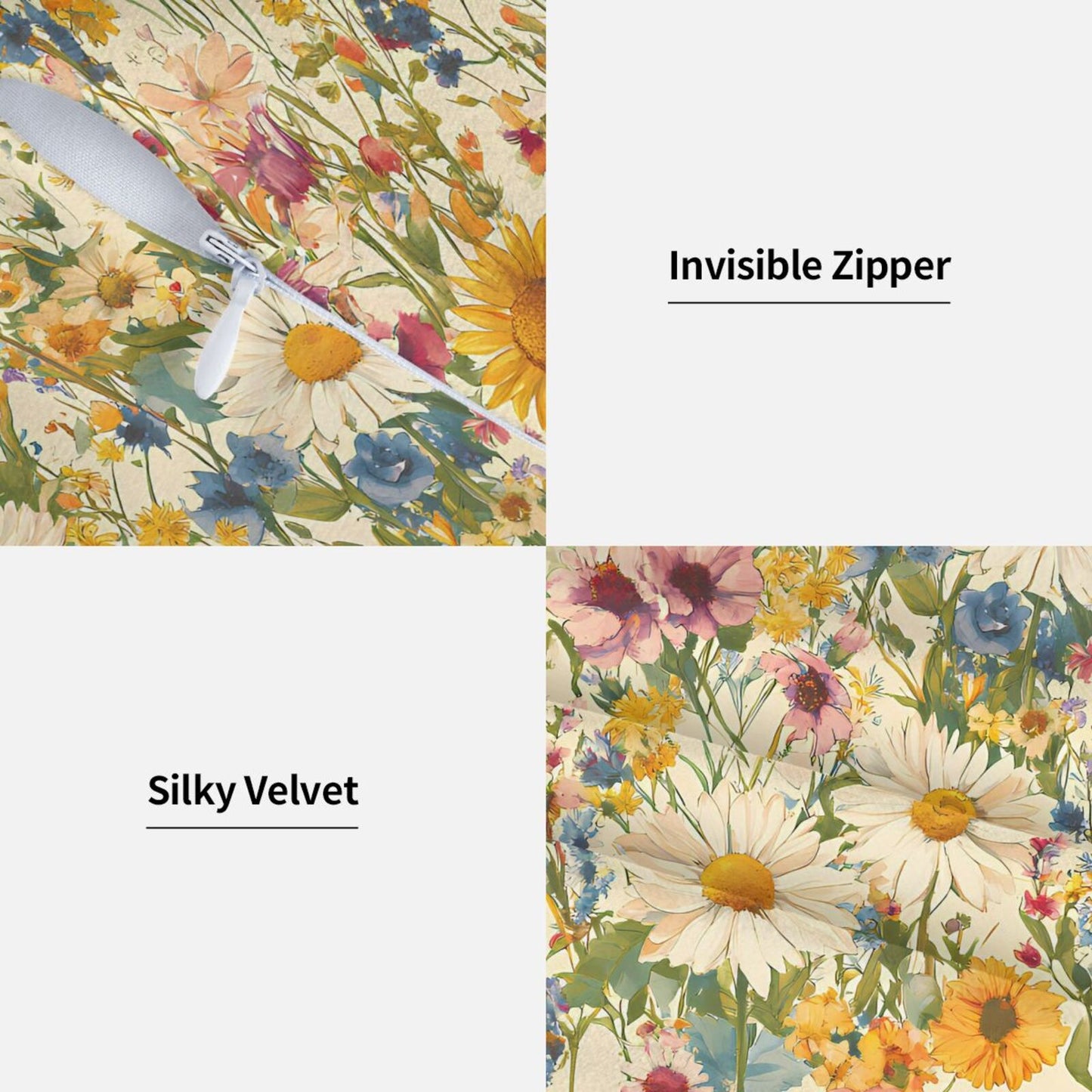 Meadow Garden Wildflower Velvet Throw Pillow Covers - Farmhouse Floral Decorative Cushions (Set of 2)