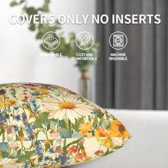 Velvet pillow cover with white daisies and meadow flowers, shown in a side view with zipper construction