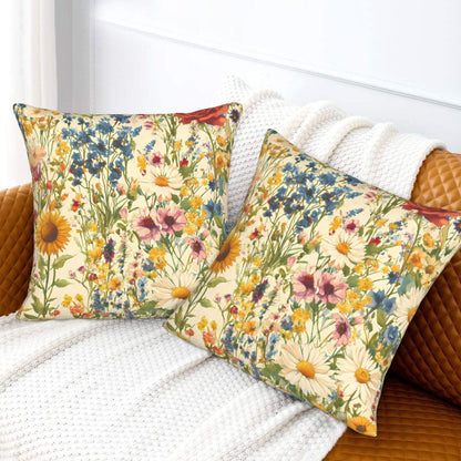 Meadow Garden Wildflower Velvet Throw Pillow Covers - Farmhouse Floral Decorative Cushions (Set of 2)