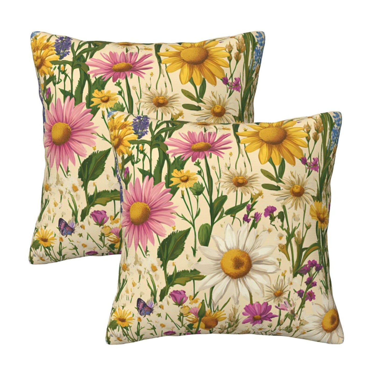 Meadow Garden Wildflower Velvet Throw Pillow Covers - Farmhouse Floral Decorative Cushions (Set of 2)