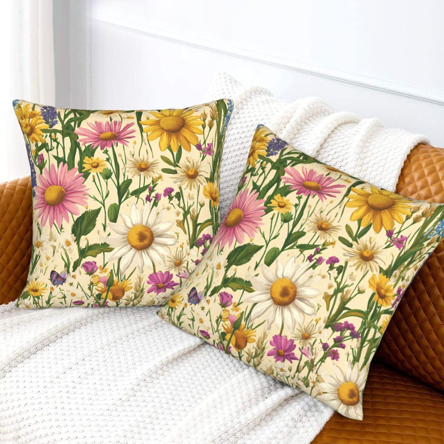 Meadow Garden Wildflower Velvet Throw Pillow Covers - Farmhouse Floral Decorative Cushions (Set of 2)