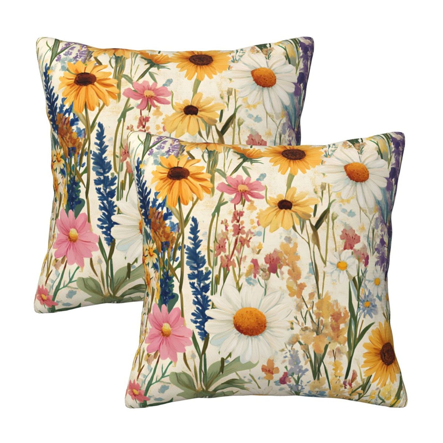 Meadow Garden Wildflower Velvet Throw Pillow Covers - Farmhouse Floral Decorative Cushions (Set of 2)