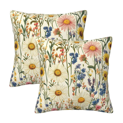 Meadow Garden Wildflower Velvet Throw Pillow Covers - Farmhouse Floral Decorative Cushions (Set of 2)