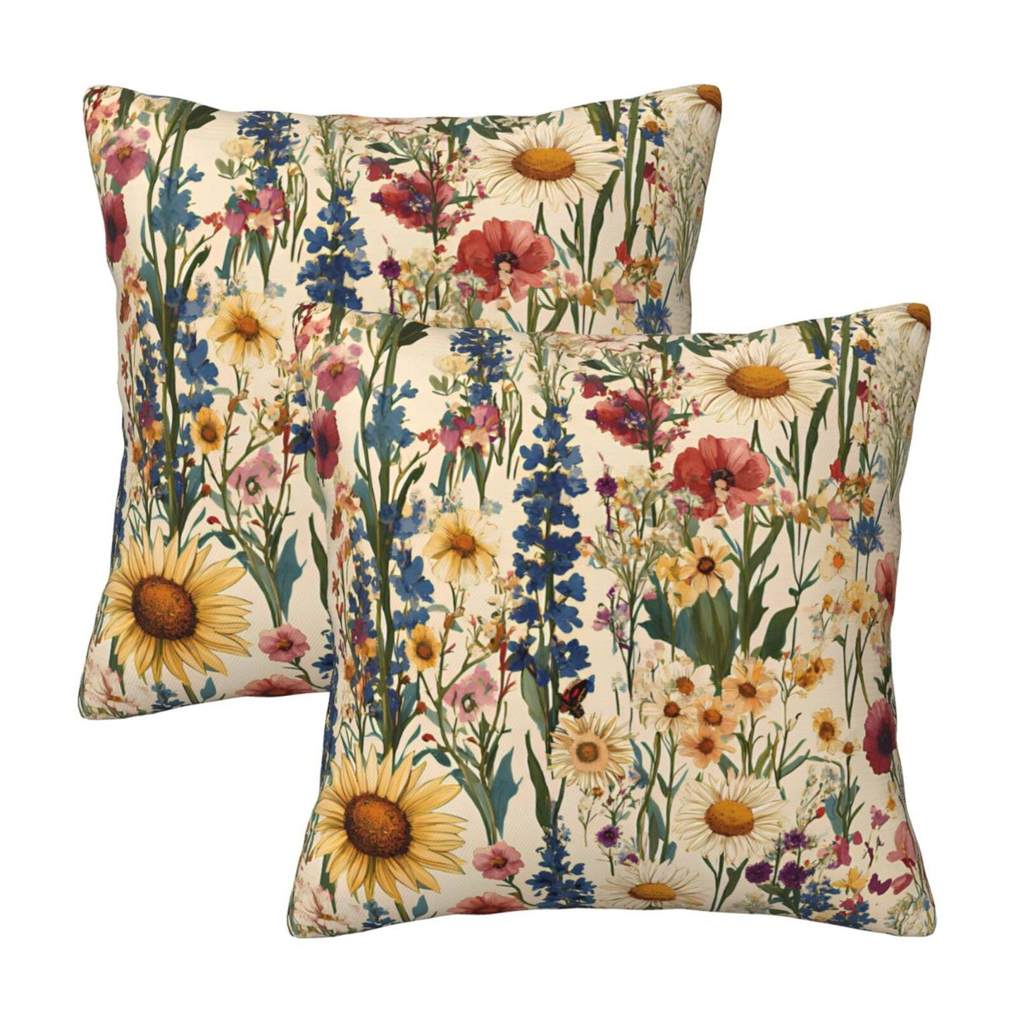 Meadow Garden Wildflower Velvet Throw Pillow Covers - Farmhouse Floral Decorative Cushions (Set of 2)