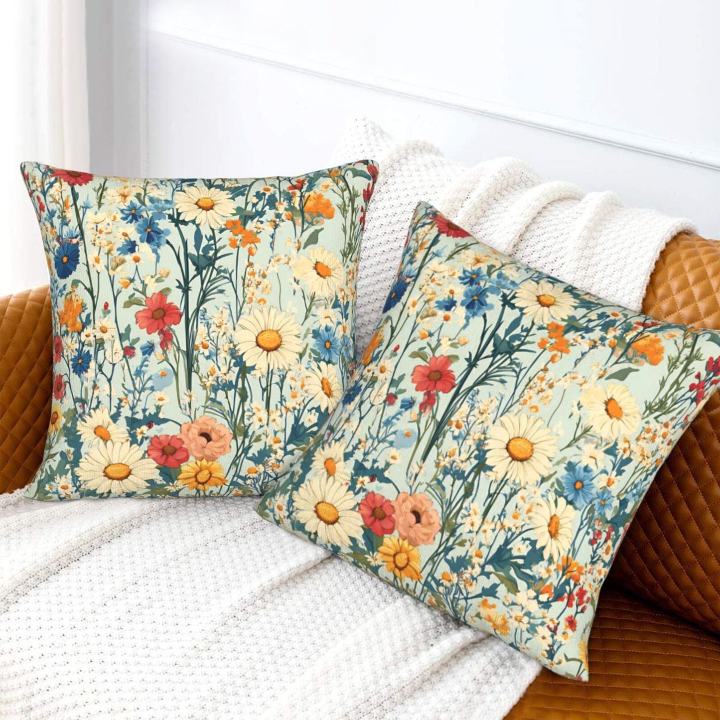 Meadow Garden Wildflower Velvet Throw Pillow Covers - Farmhouse Floral Decorative Cushions (Set of 2)