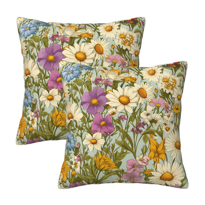 Meadow Garden Wildflower Velvet Throw Pillow Covers - Farmhouse Floral Decorative Cushions (Set of 2)