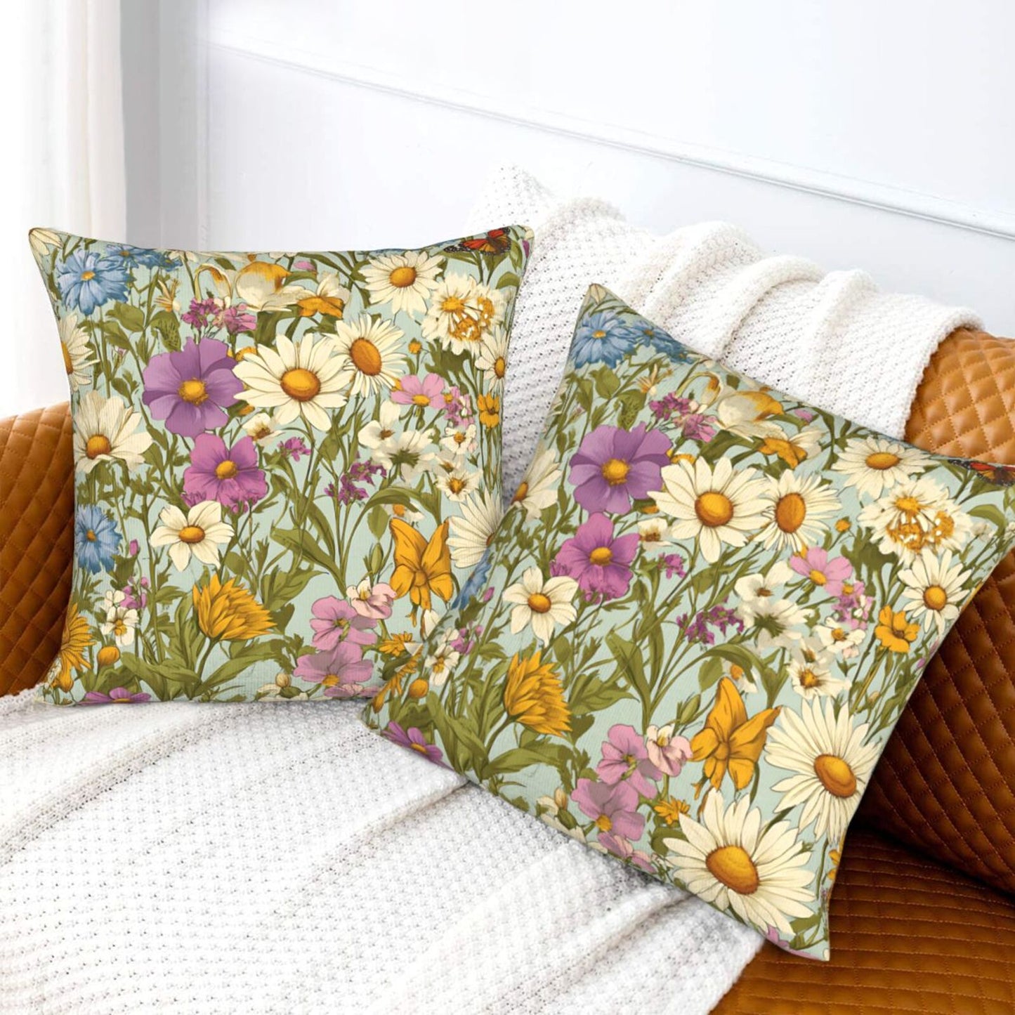 Meadow Garden Wildflower Velvet Throw Pillow Covers - Farmhouse Floral Decorative Cushions (Set of 2)