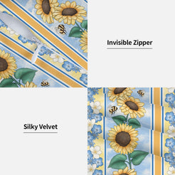 Hidden zipper and soft velvet detail on a sunflower and bee pillow cover
