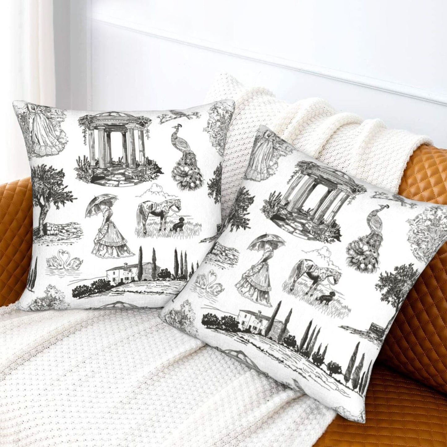 Farmhouse Toile Throw Pillow Covers | French Country Velvet Decorative Cushion Covers