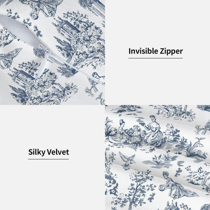 Farmhouse Toile Throw Pillow Covers | French Country Velvet Decorative Cushion Covers