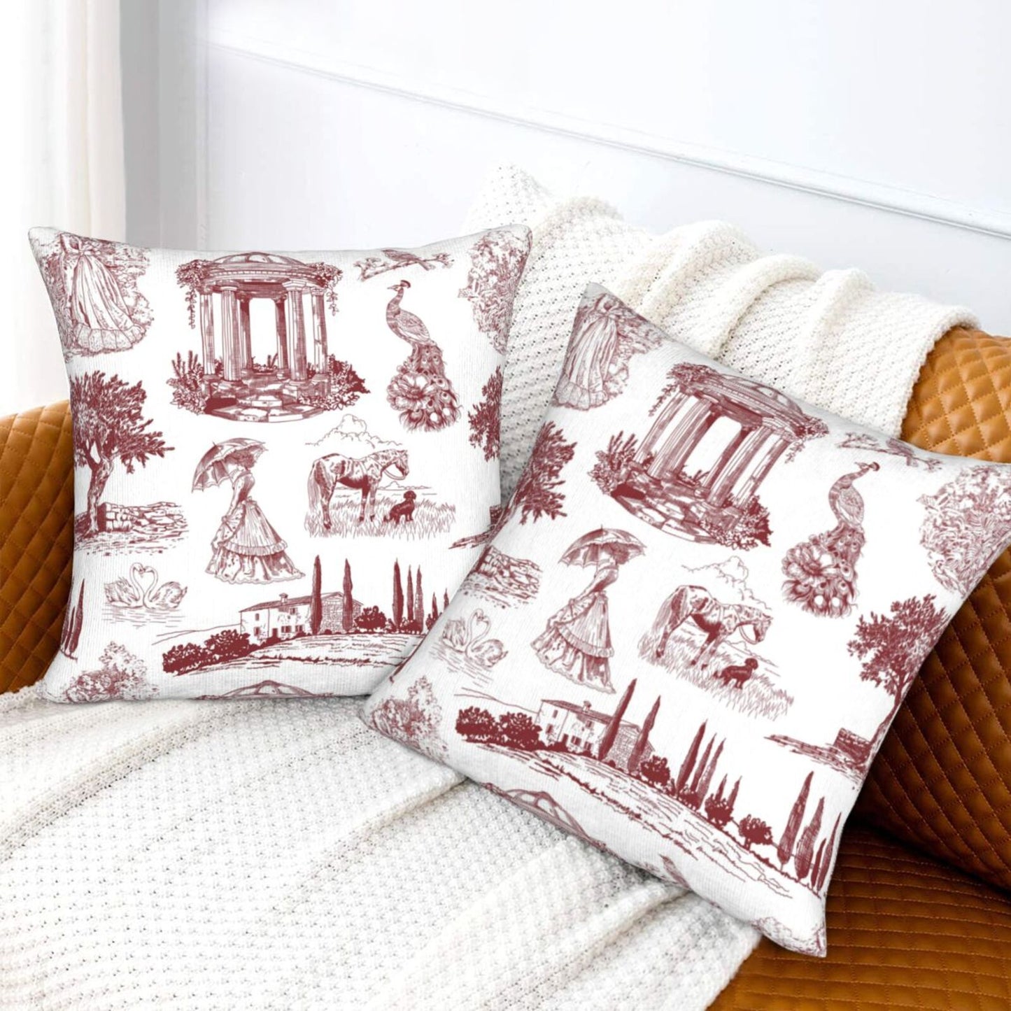 Farmhouse Toile Throw Pillow Covers | French Country Velvet Decorative Cushion Covers