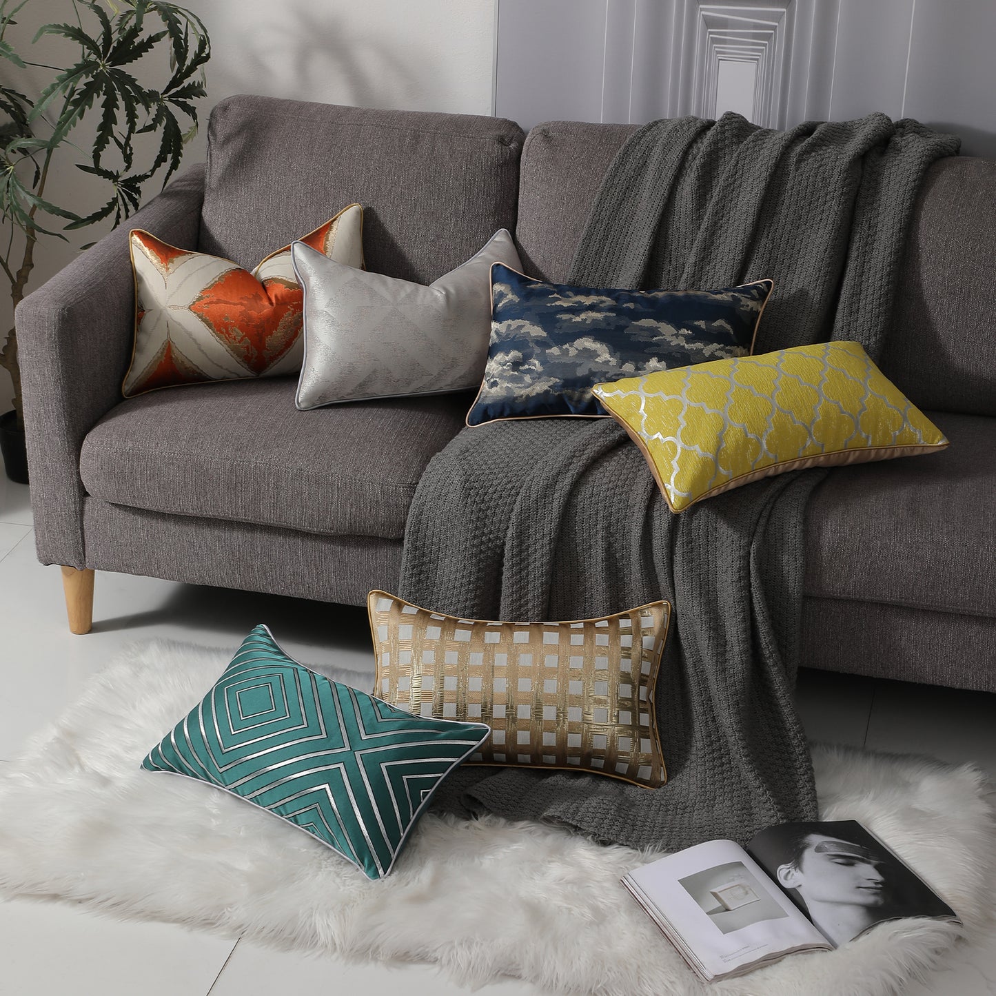 Modern Abstract Jacquard Throw Pillow Covers, Set of 2 | Luxury Decorative Cushions