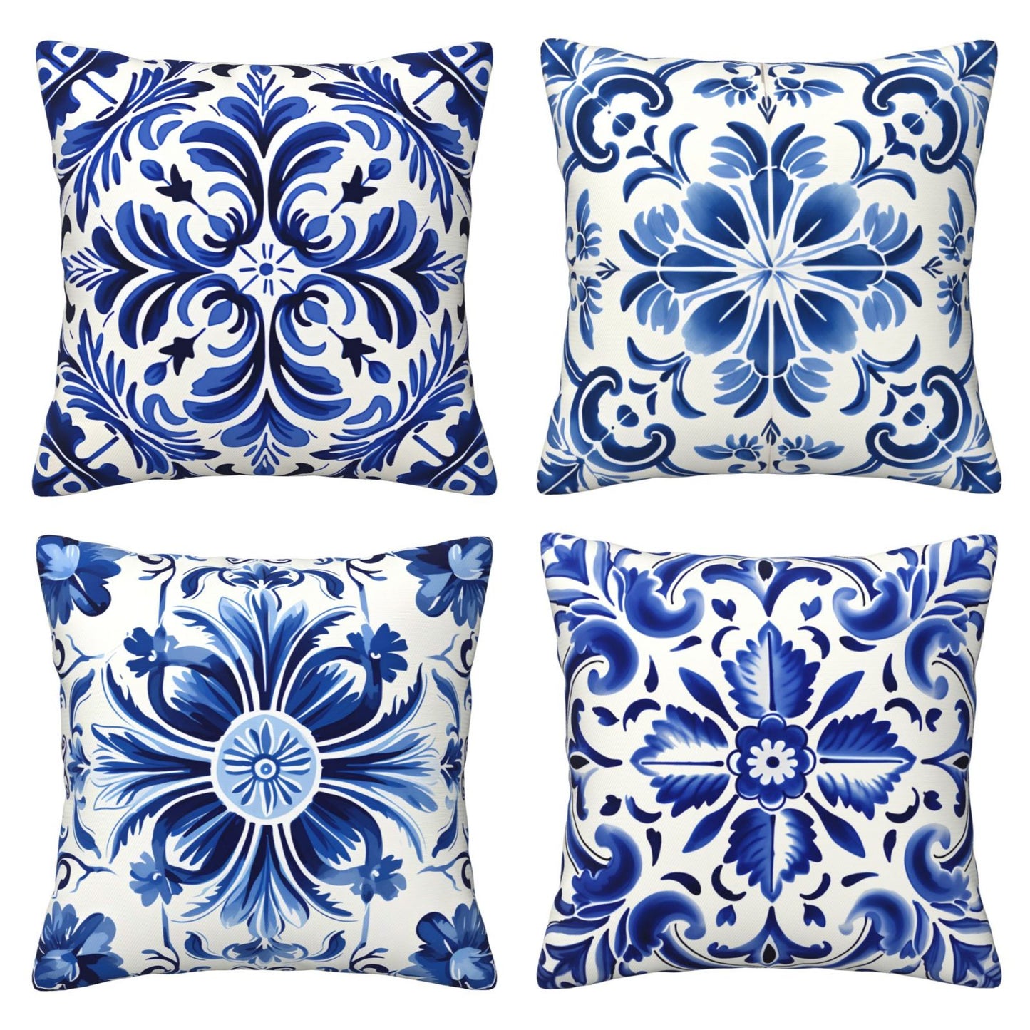 Blue and White Ethnic Throw Pillow Covers Set of 4 Mediterranean Decorative Cushion Covers