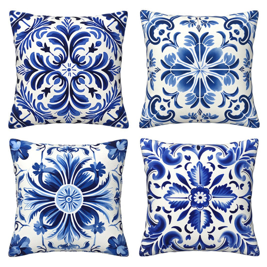 Blue and White Ethnic Throw Pillow Covers Set of 4 Mediterranean Decorative Cushion Covers
