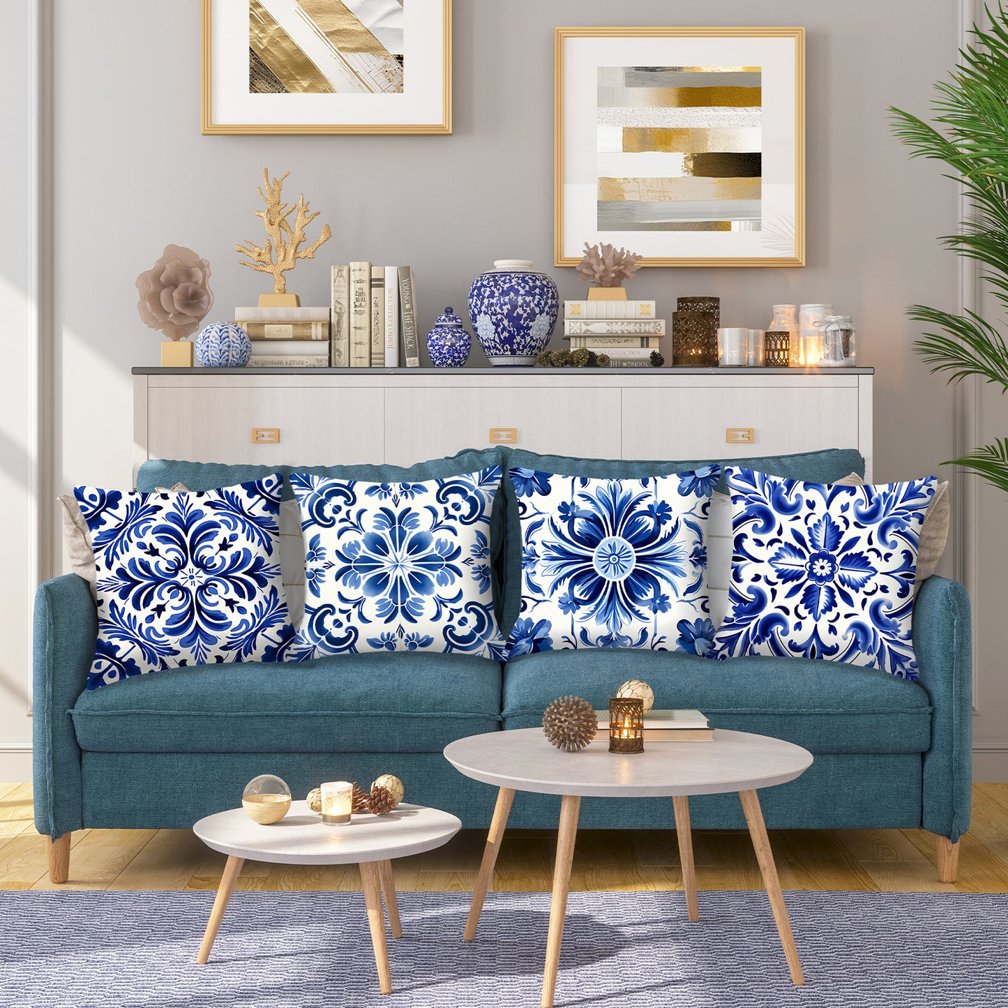 Blue and White Ethnic Throw Pillow Covers Set of 4 Mediterranean Decorative Cushion Covers