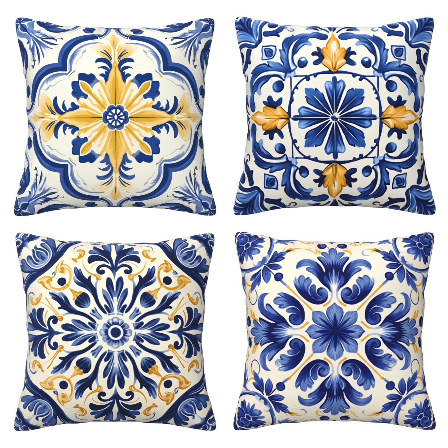 Blue and White Ethnic Throw Pillow Covers Set of 4 Mediterranean Decorative Cushion Covers