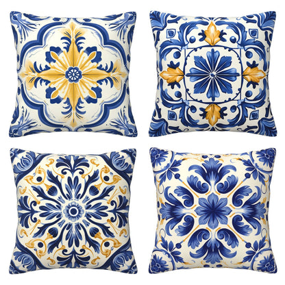 Blue and White Ethnic Throw Pillow Covers Set of 4 Mediterranean Decorative Cushion Covers