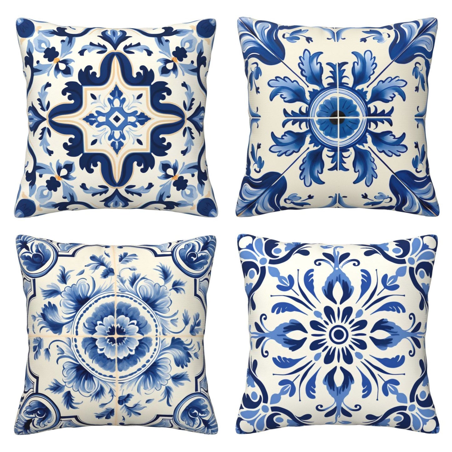 Blue and White Ethnic Throw Pillow Covers Set of 4 Mediterranean Decorative Cushion Covers