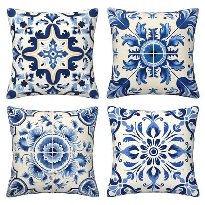 Blue and White Ethnic Throw Pillow Covers Set of 4 Mediterranean Decorative Cushion Covers