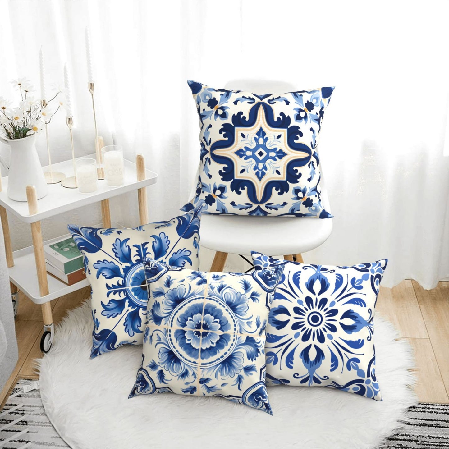 Blue and White Ethnic Throw Pillow Covers Set of 4 Mediterranean Decorative Cushion Covers
