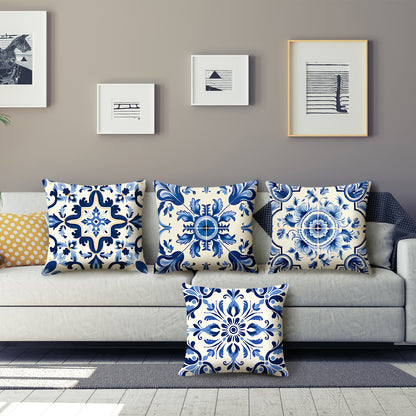 Blue and White Ethnic Throw Pillow Covers Set of 4 Mediterranean Decorative Cushion Covers